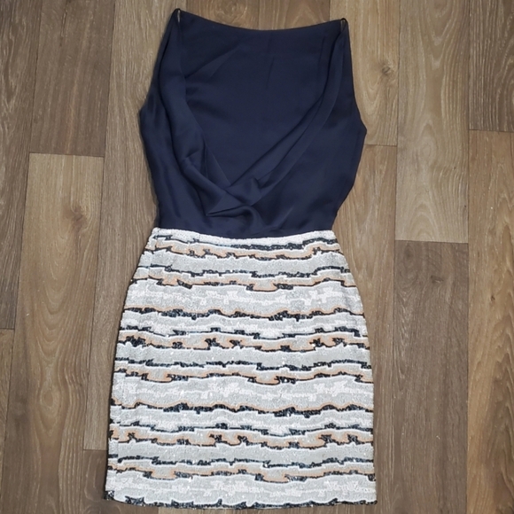 Blaise Kavanagh Silk Sequin Cocktail Dress Black Draped Back Striped Sleeveless - Picture 3 of 10